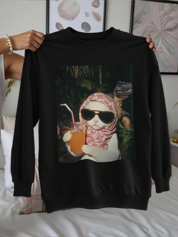 Women's Street Style Hooded Sweatshirt, Cat Print Sunglasses Design, Casual Fitted Thick Fabric, Fall & Winter Fashion...