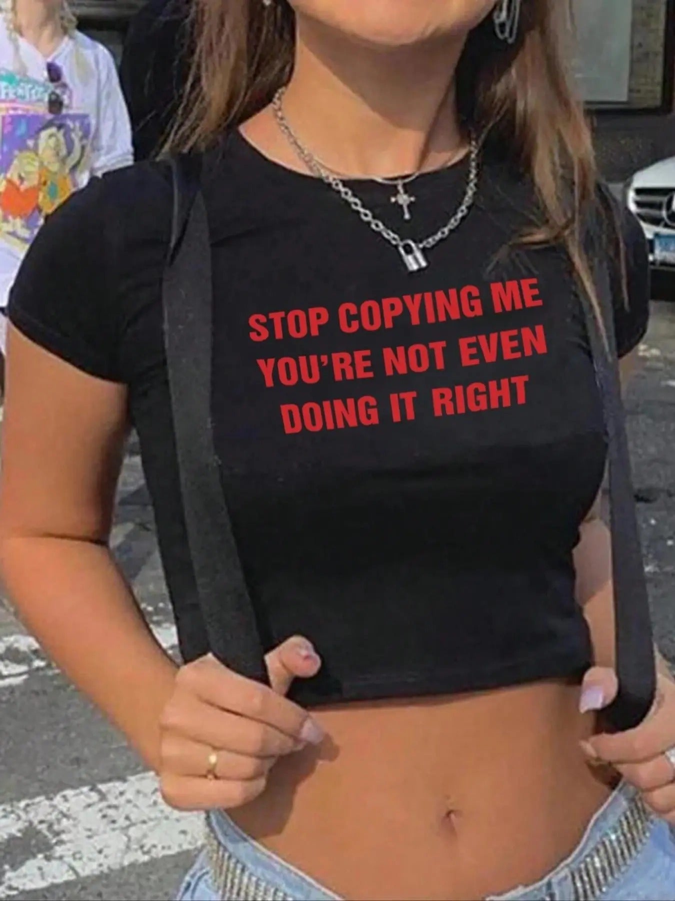 Women's Streetwear Slogan Print Crop Tee, Casual Short Sleeve Round Neck T-shirt for Summer, Ladies Clothes for Daily...