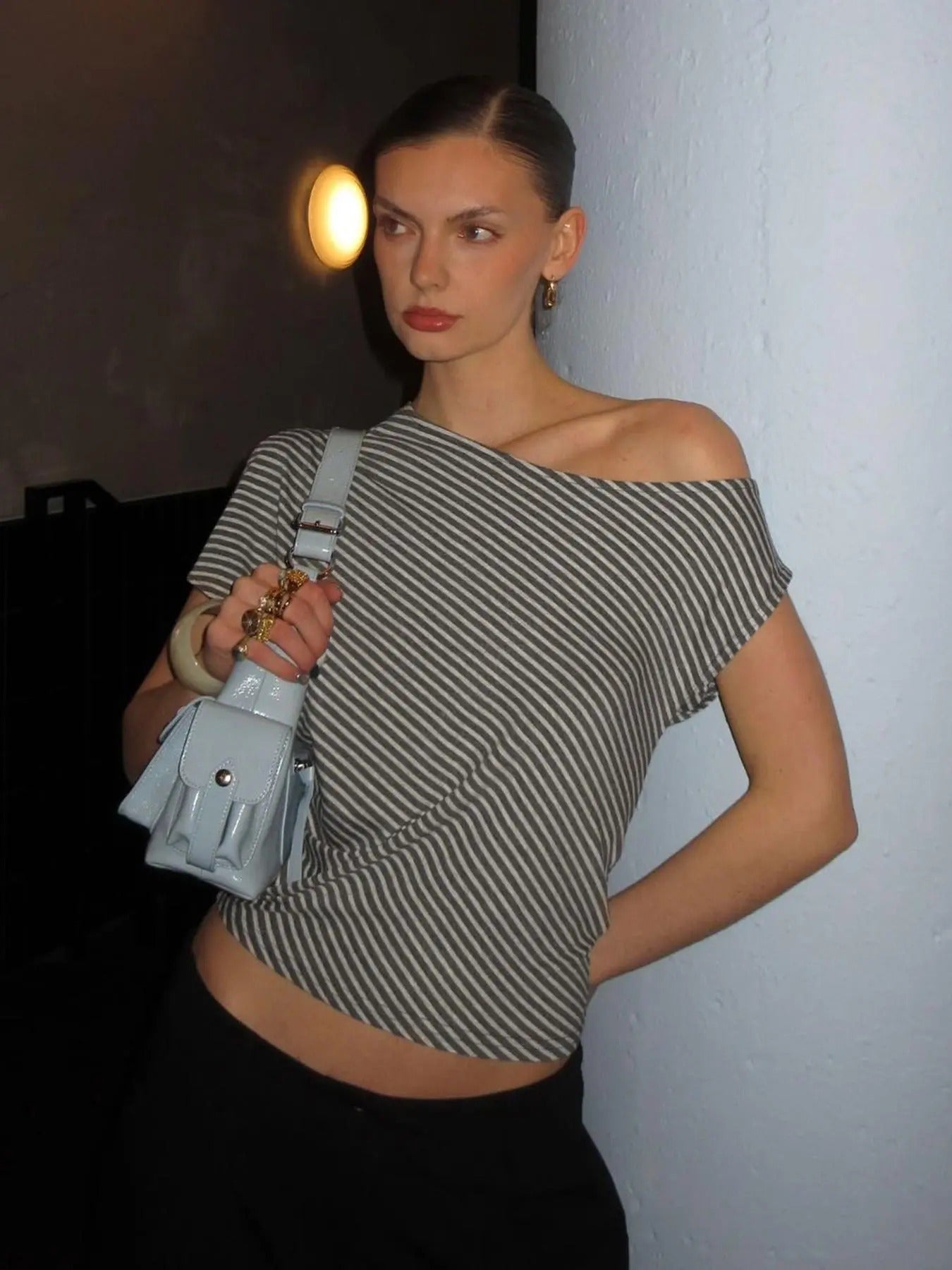 Women's Striped Print Asymmetrical Neck Tee, Casual Fashion  T-shirt for Summer, Women's Top for Daily Wear Hoodie,...