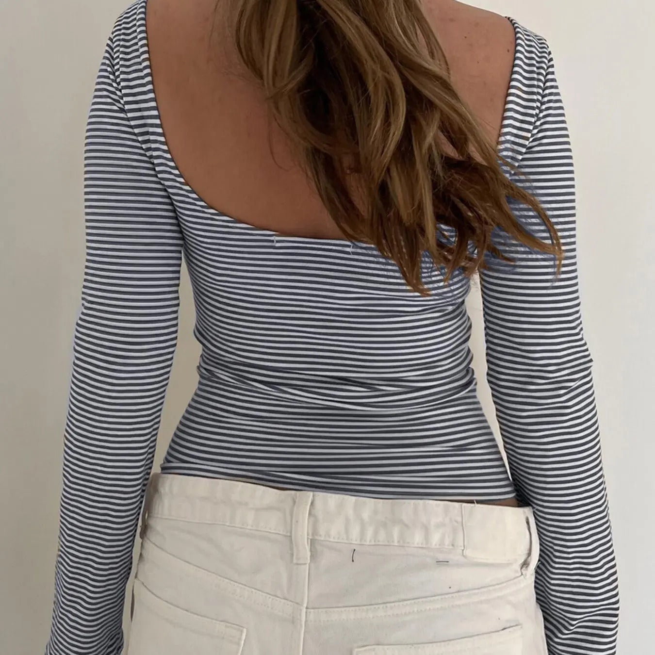 Women's Striped Print Backless Boat Neck Tee, Casual Long Sleeve T-Shirt for Fall & Winter, Women's Clothing for Daily...