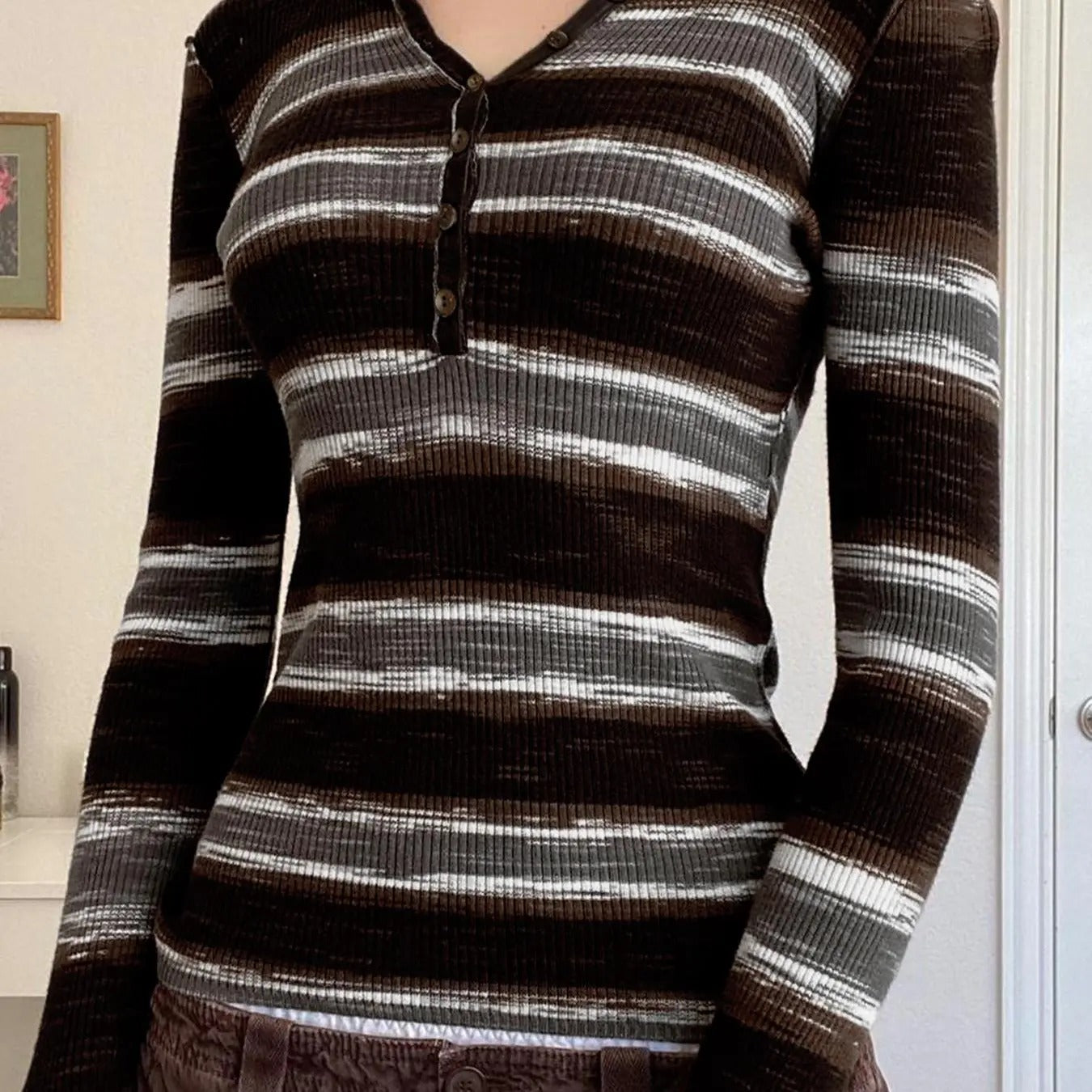 Women's Striped Print Button Front Notched Neck Tee, Casual Long Sleeve T-shirt for Fall & Winter, Women's Clothing for...