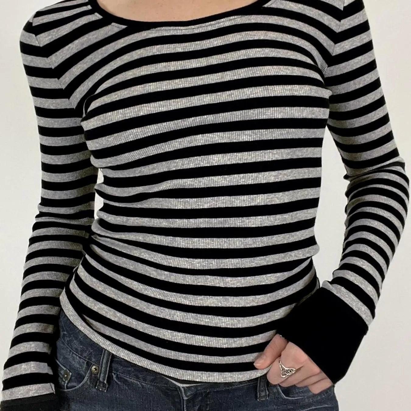 Women's Striped Print Ribbed Tee, Casual Long Sleeve Round Neck T-shirt for Fall, Women's Top for Daily Wear Hoodie,...