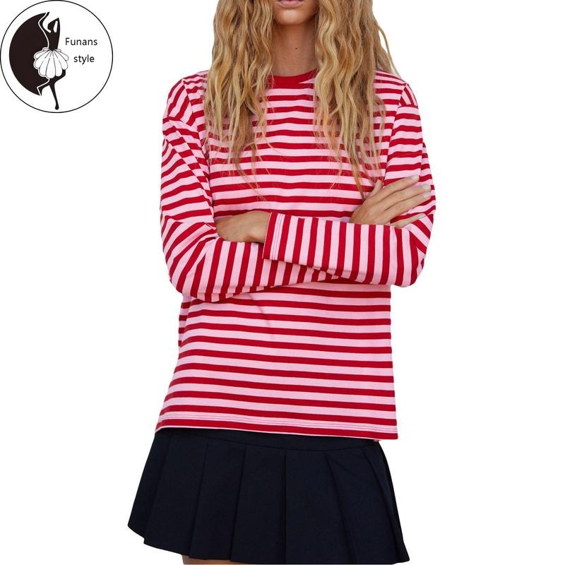 Women's Striped Tops Loose Long Sleeve Round Neck Casual Shirt for Fall Spring Streetwear Hoodie, Sweatshirt