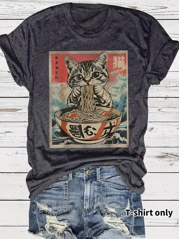 Women's Summer Casual Cat Print Round Neck Short Sleeve T-Shirt, Comfortable Breathable Fitted Top, Available in S-Xxl...