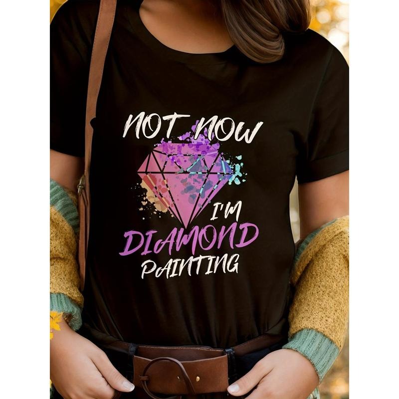 Women's Summer Casual Crew Neck T-Shirt, 100% Knit Fabric, Non-Stretch, Breathable Short Sleeve Top with Diamond Painting...