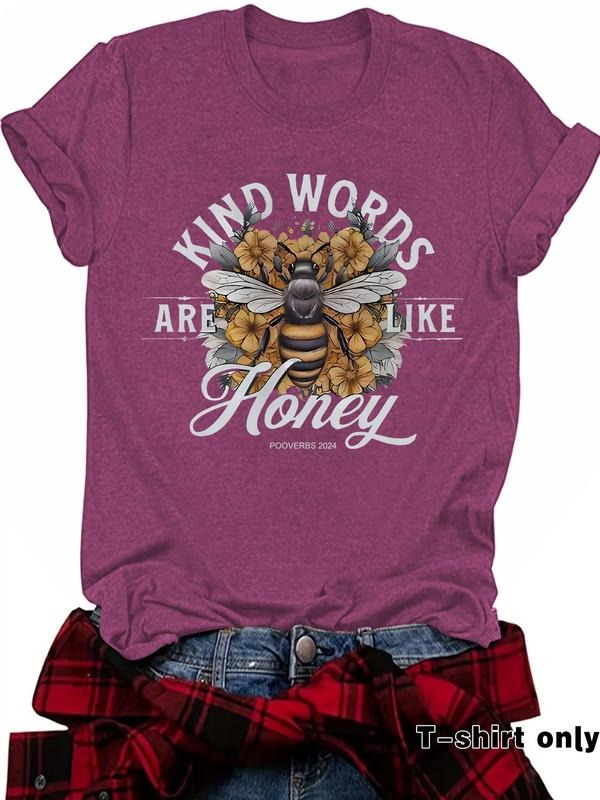 Women's Summer Casual Fashion Bee Print Round Neck Short Sleeve T-Shirt, Comfortable Breathable Fitted Top, S-Xxl Sizes...