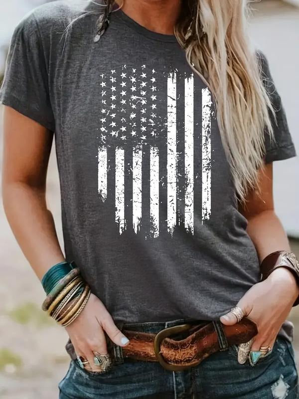 Women's Summer Casual Fashion Flag Print Round Neck Short Sleeve T-Shirt, Comfortable Breathable Fitted Top, S-Xxl Sizes...