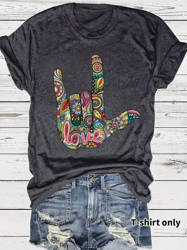 Women's Summer Casual Fitted Round Neck Short Sleeve T-Shirt, Cartoon Peace Heart Print, Comfortable Breathable, S-Xxl...