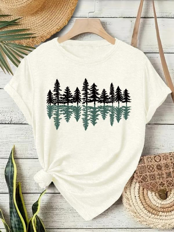 Women's Summer Casual Fitted Round Neck Short Sleeve T-Shirt, Comfortable Breathable Pine Tree Print Top, S-Xxl Sizes...