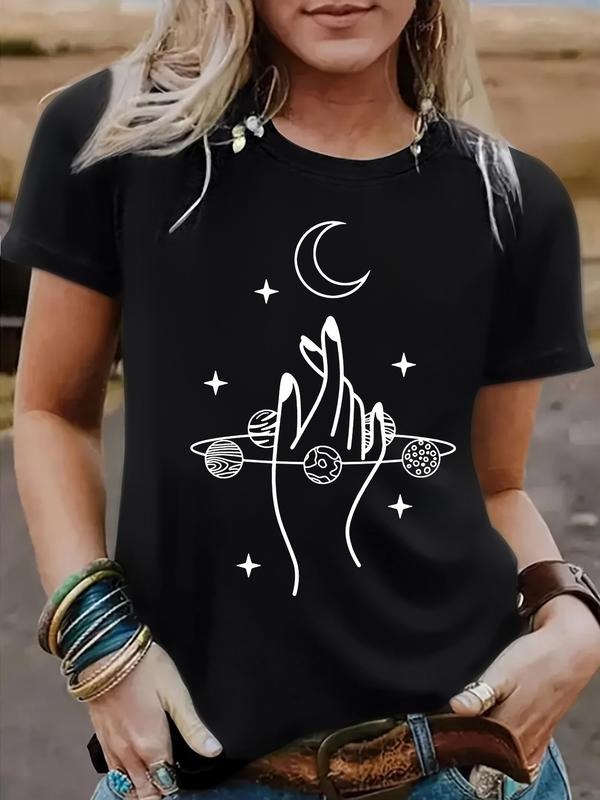Women's Summer Casual Fitted Round Neck Short Sleeve T-Shirt, Moon Star Planet Print, Comfortable Breathable Fabric,...