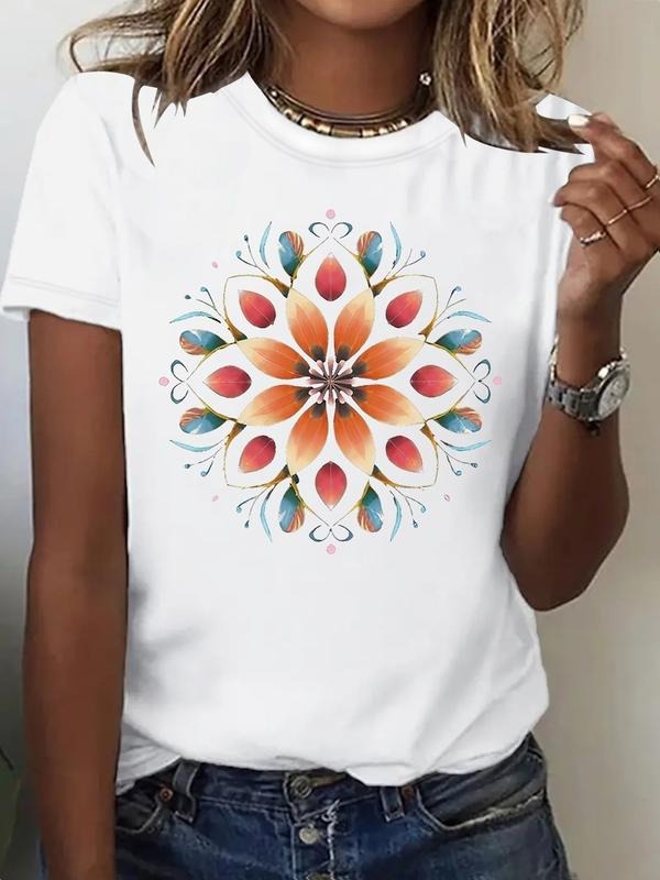 Women's Summer Casual Fitted Round Neck Shortsleeve T-Shirt, Lady Abstract Floral Geometric Print, Comfortable Breathable...