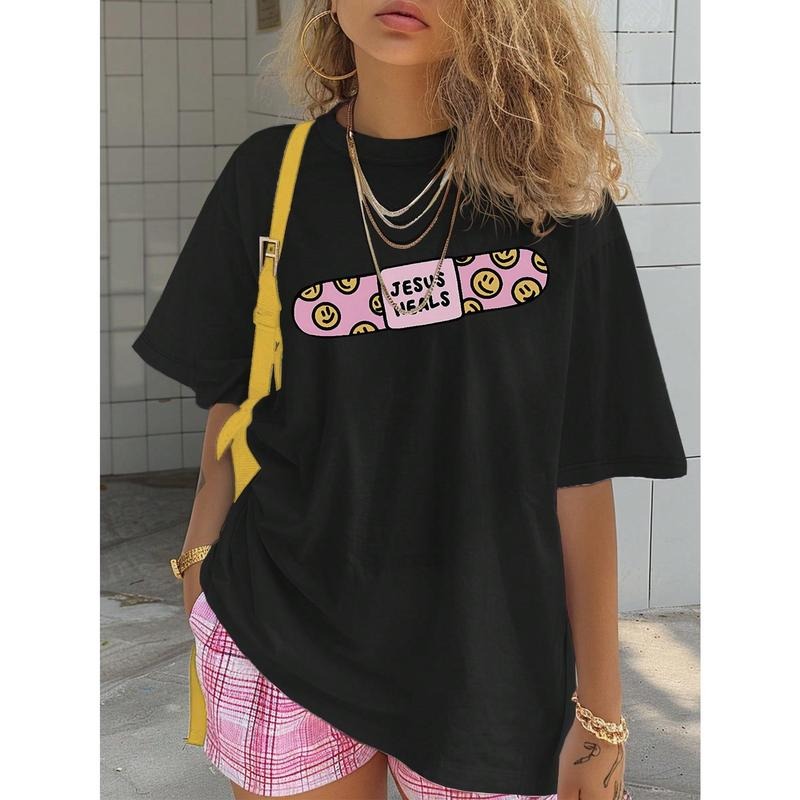 Women's Summer Casual Letter & Skateboard Print Loose Round Neck Short Sleeve T-Shirt , Women Top Graphic Tees Women Tops...