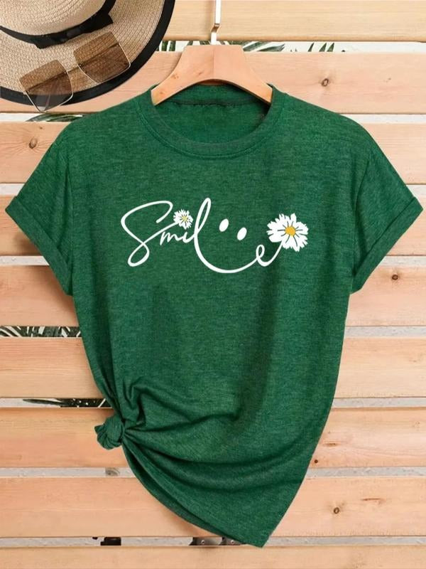 Women's Summer Casual Sporty Style Smile Flower Print Knitwear Fitted Round Neck Short Sleeve T-Shirt S-XXL, Comfortable...