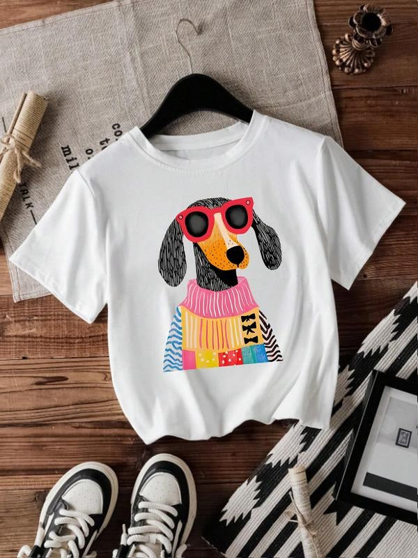 Women's Summer Casual Vintage Art Dog Print T-Shirt, Round Neck Short Sleeve Top, Comfortable Breathable Fit S-Xxl...