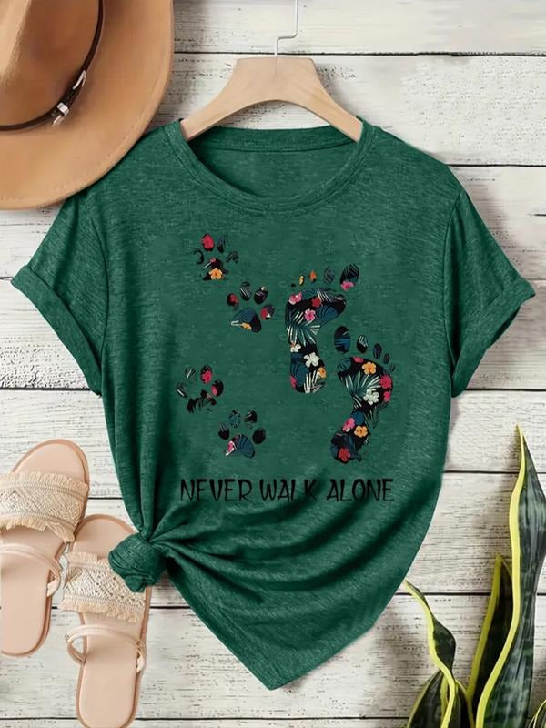 Women's Summer Casual Vintage Footprint Print T-Shirt, Round Neck Short Sleeve Top, Comfortable Breathable Fit S-Xxl...