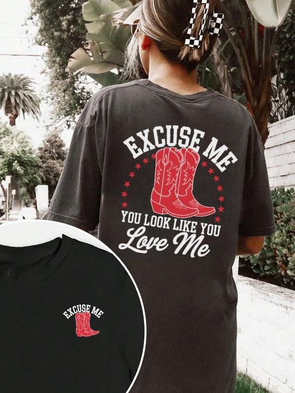 Women's Summer Street Style Boot Print Round Neck T-Shirt, Western Style Graphic Top, Casual Fitted Short Sleeve Tee...