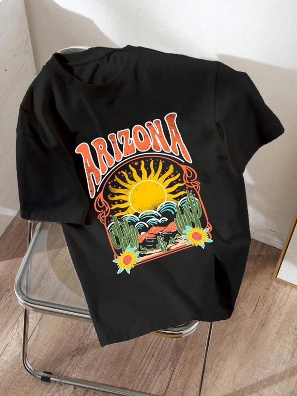 Women's Sun & Cactus Print Round Neck Graphic Tee, Vintage Trendy Casual Drop Shoulder Short Sleeve T-shirt for Daily...