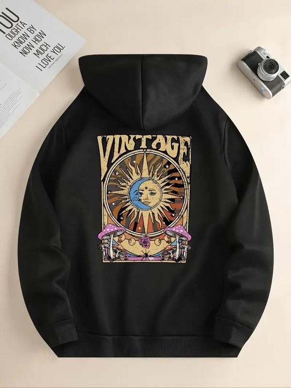 Women's Sun & Moon Print Drop Shoulder Hoodie, Fashion Casual Letter Print Kangaroo Pocket Hooded Sweatshirt for Daily...