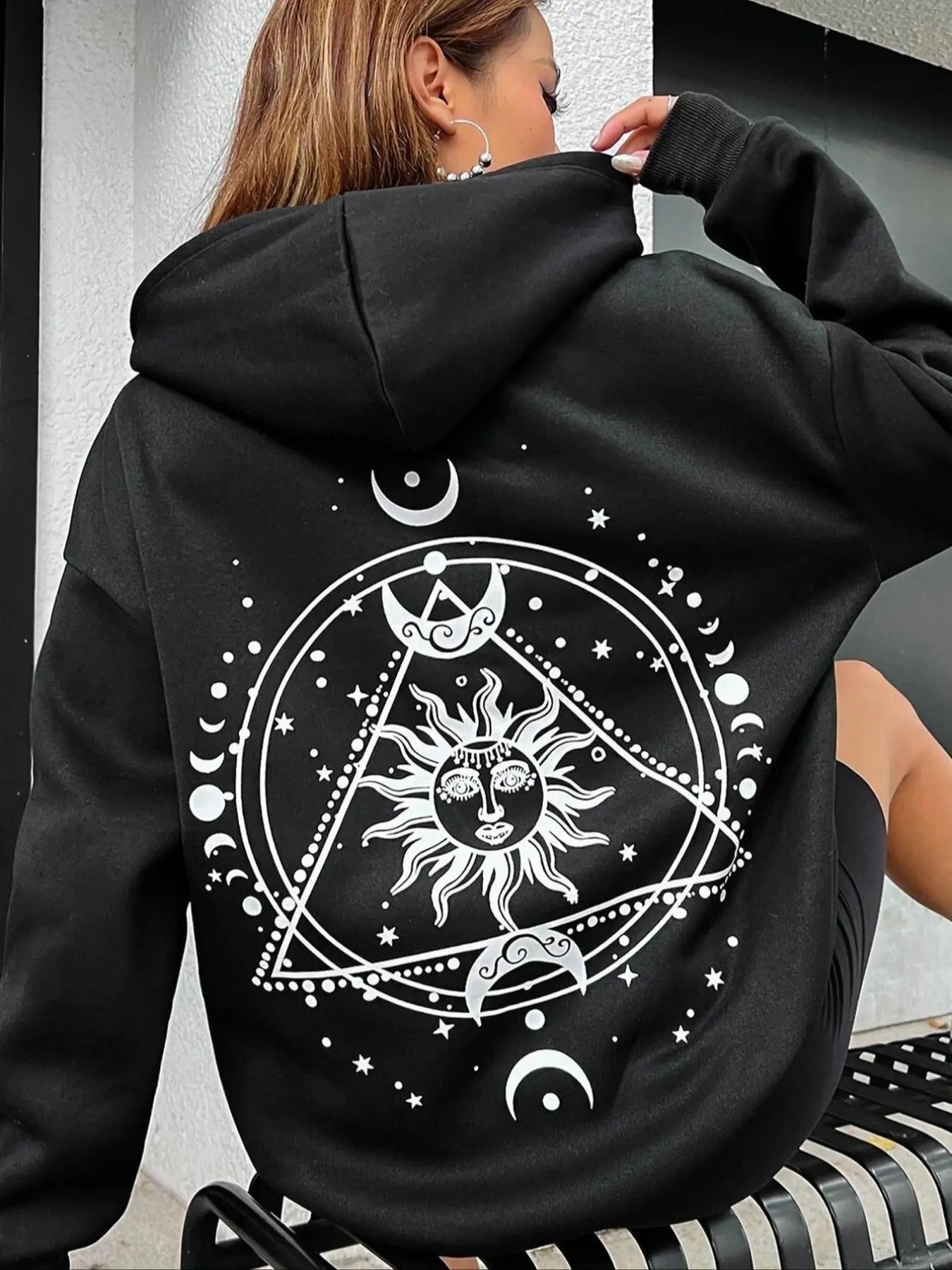 Women's Sun & Moon Print Hoodie, Casual Drawstring Pocket Hooded Sweatshirt for Fall & Winter, Women's Clothes for Daily...