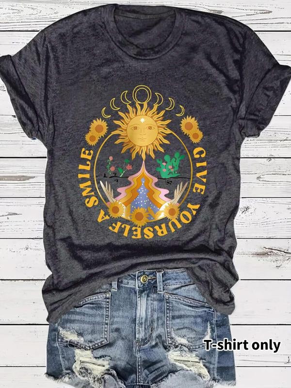 Women's Sun & Moon Print Round Neck Tee, Vintage Trendy Casual Short Sleeve T-shirt for Daily Wear, Ladies Summer Outfit...