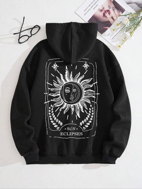 Women's Sun & Tarot Card Print Drop Shoulder Hoodie, Fashion Casual Drawstring Pocket Hooded Sweatshirt for Daily Holiday...