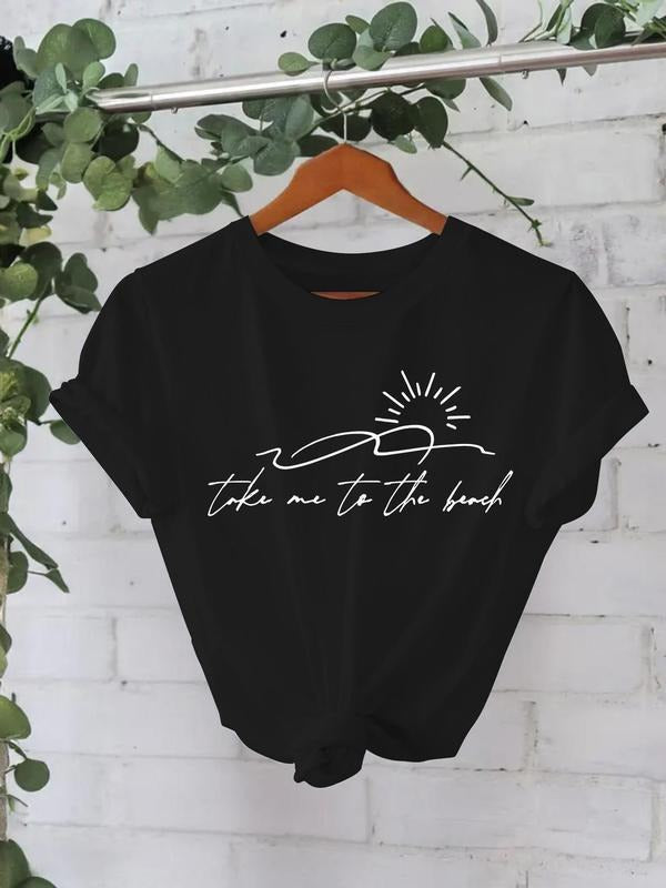 Women's Sun & Wave Print Round Neck Tee, Casual Short Sleeve Crew Neck T-Shirt for Summer, Fashion Women's Top for Daily...