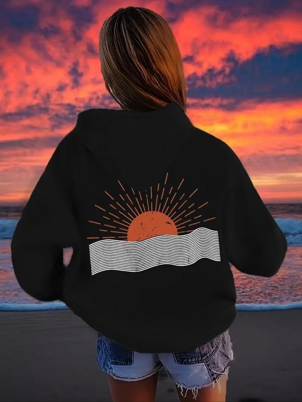 Women's Sun & Wave Print Thermal Lined Hoodie, Casual Long Sleeve Hooded Sweatshirt for Spring & Fall, Fashion Women's...