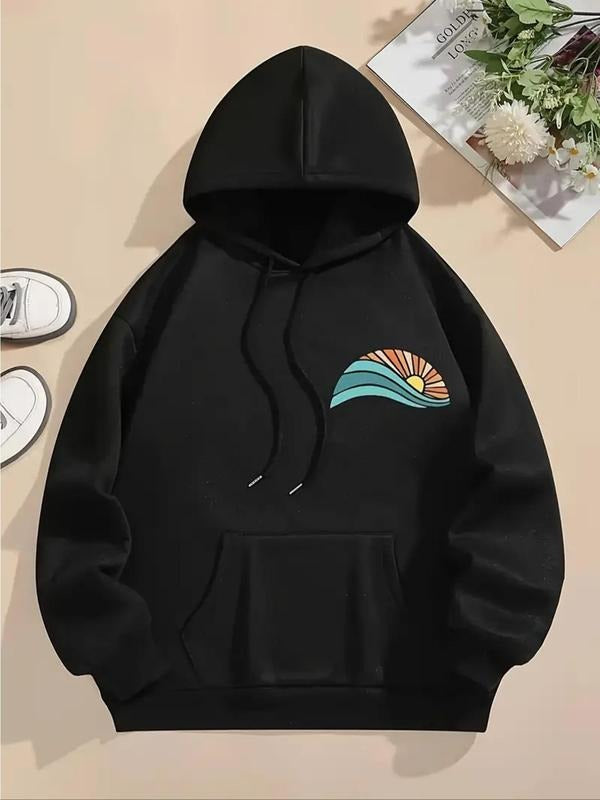 Women's Sun Print Drop Shoulder Drawstring Thermal Lined Hoodie, Fashion Casual Pocket Hooded Sweatshirt for Daily...