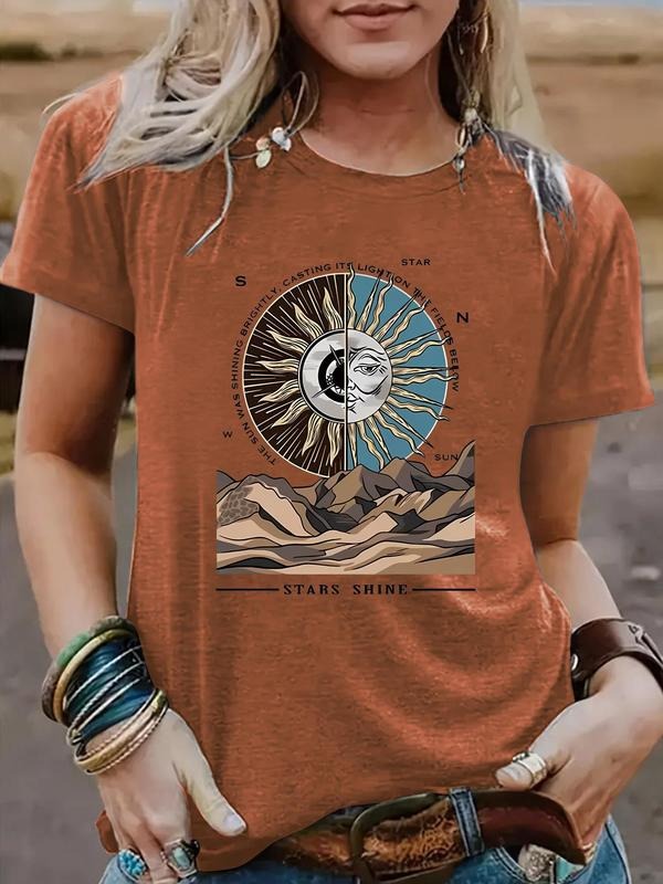 Women's Sun Print Round Neck Graphic Tee, Vintage Trendy Casual Short Sleeve T-shirt for Daily Wear, Ladies Summer...