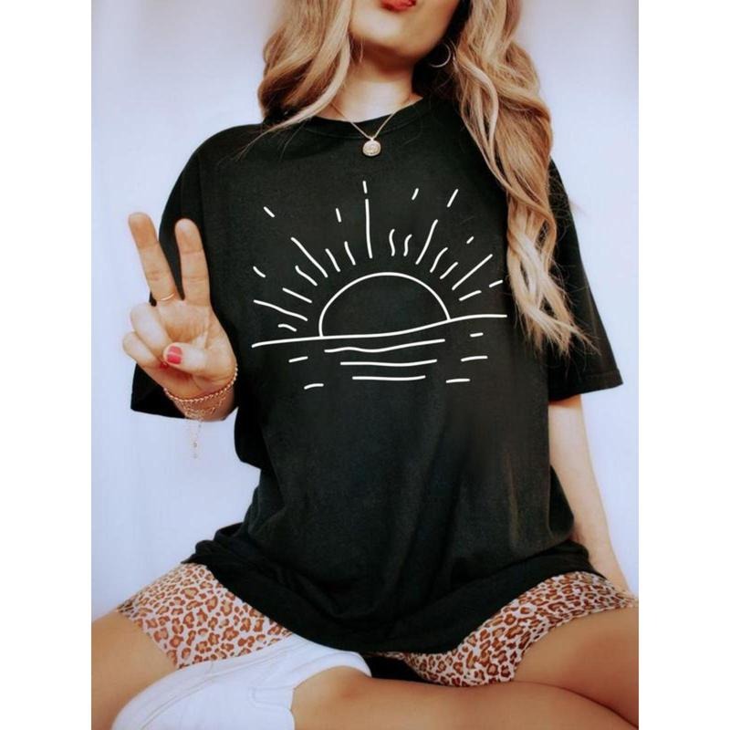 Women's Sun Print Round Neck Tee, Casual Short Sleeve T-shirt for Daily Wear, Ladies All Seasons Tops Hoodie, Sweatshirt