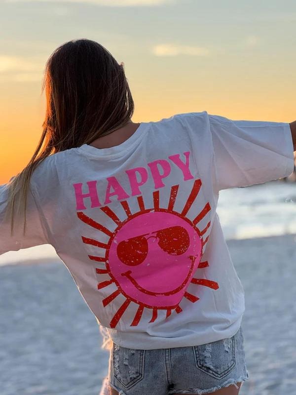 Women's Sun Print Round Neck Tee, Fashion Casual Crew Neck T-Shirt for Daily Holiday Vacation Outdoor Wear, Ladies...