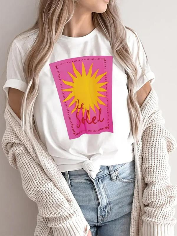 Women's Sun Print Round Neck Tee, Trendy Casual Short Sleeve T-Shirt for Daily Wear, Ladies Summer Outfit, Top Hoodie,...