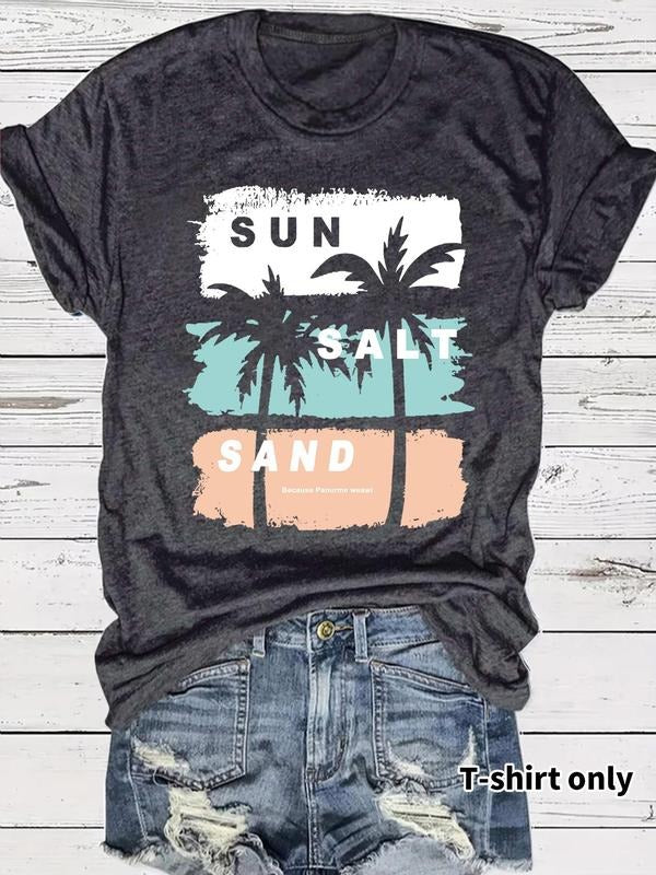 Women's Sun Salt Sand Print Round Neck Graphic Tee, Vintage Trendy Casual Short Sleeve T-shirt for Daily Wear, Ladies...