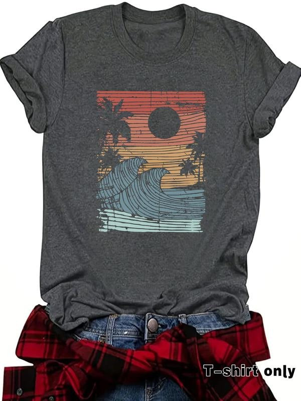 Women's Sunset & Wave Print Round Neck Tee, Casual Short Sleeve Crew Neck T-shirt for Summer, Fashion Women's Top for...
