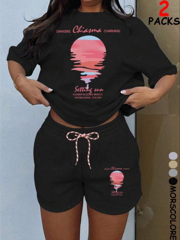 Women's Sunset Print Crew Neck Tee & Shorts Set, Casual Short Sleeve T-shirt & Shorts, Ladies Summer Clothes, Womenswear...