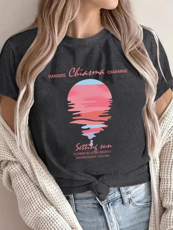 Women's Sunset Print Round Neck Tee, Casual Short Sleeve Crew Neck T-shirt for Summer, Fashion Women's Top for Daily Wear...