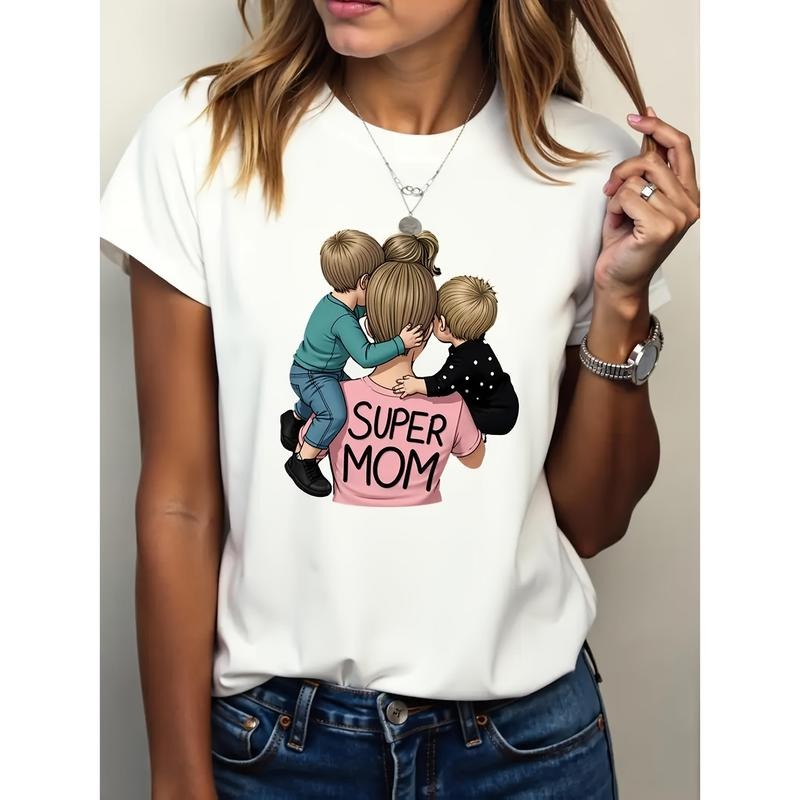 Women's Super Mom Graphic T-Shirt - 100% Casual Short Sleeve Tee with Hug Print, Machine Washable Lightweight 180gsm...