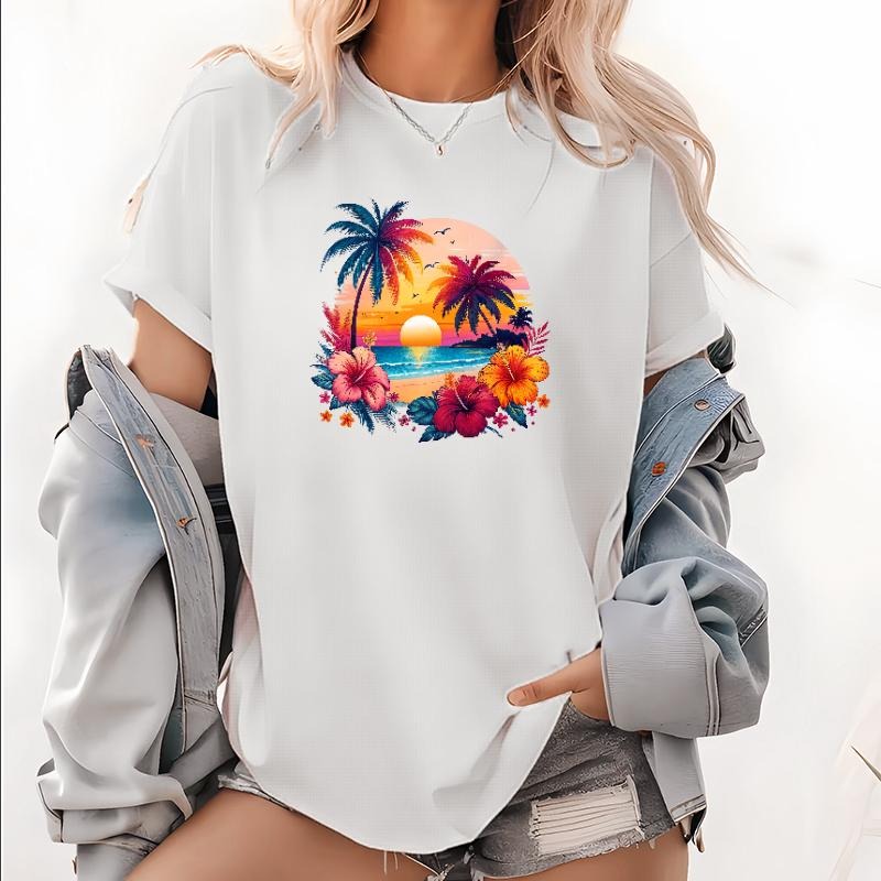 Women's T - Shirt Showcasing Tropical Paradise: Palm Trees, Sunset, and Floral Graphic style 02 Hoodie, Sweatshirt |...