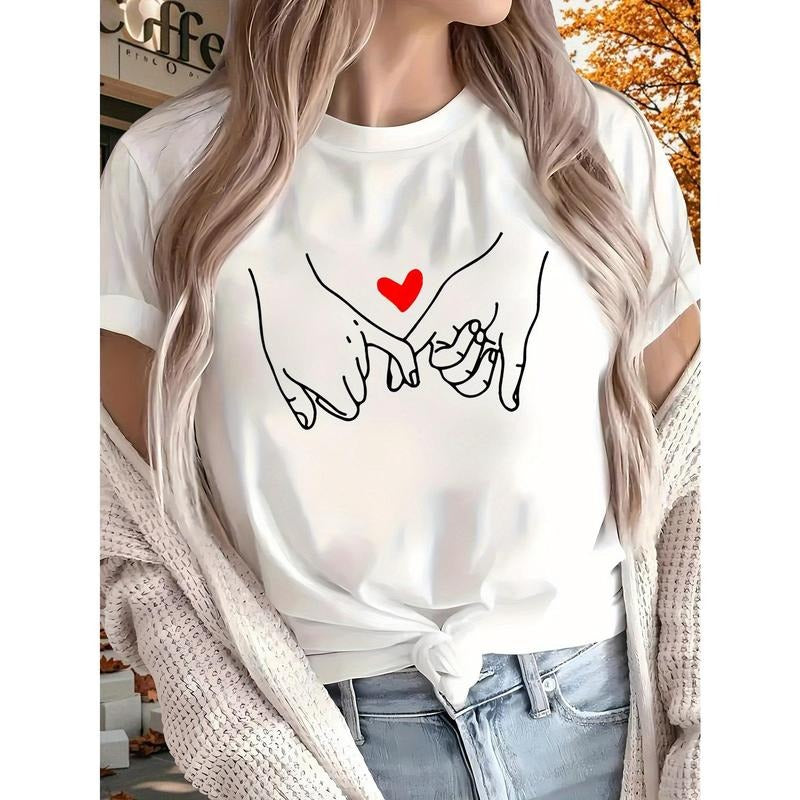 Women's T-Shirt - Heart & Hands Graphic, Casual Short Sleeve, Round Neck, All-Season Comfort, Perfect for Home, Outdoor &...