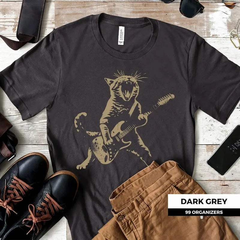 Women's T-Shirt Rock Cat Playing Guitar, Cat Lovers Gift Cotton Top Hoodie, Sweatshirt | UrbanDripWear.com