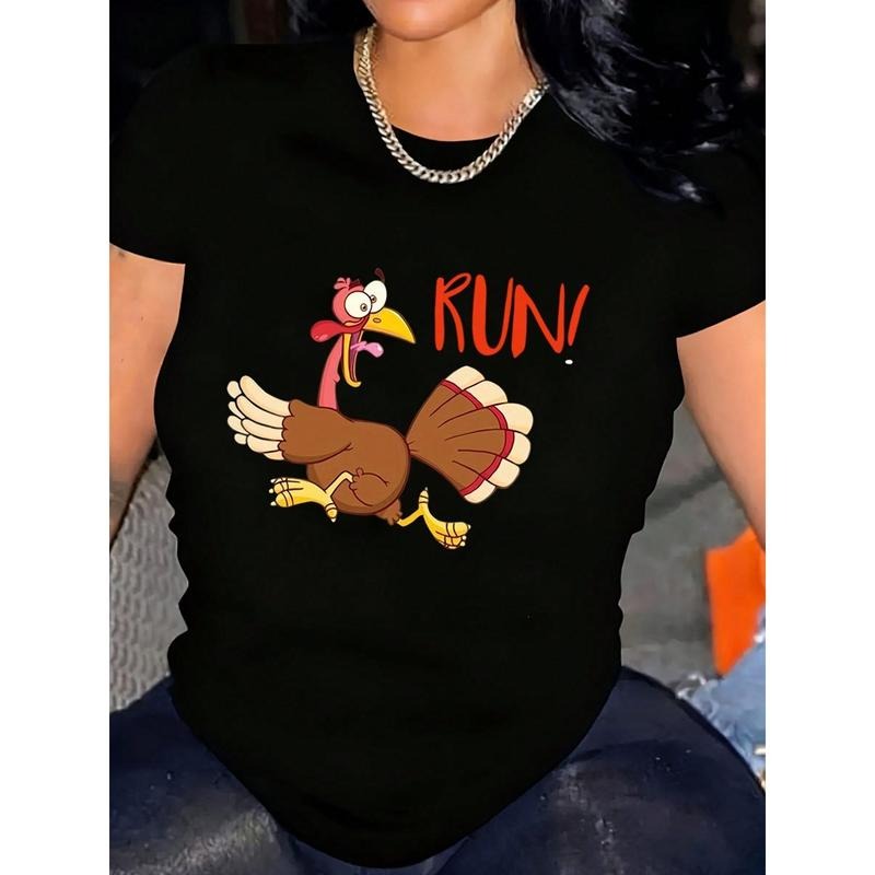 Women's T-Shirt With Funny Turkey Running Graphic And RUN! Text - Perfect For Thanksgiving, Holiday Parties, Or Casual Wear
