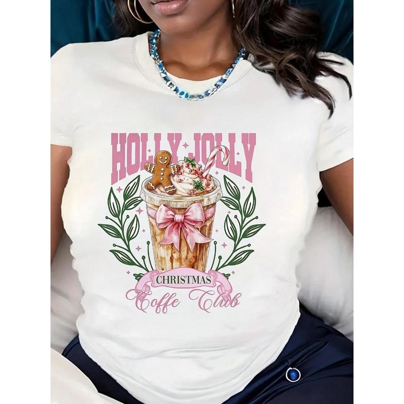 Women's T-Shirt With Holly Jolly Christmas Coffee Club Print, Featuring Gingerbread Man, Candy Cane, And Holiday Coffee...