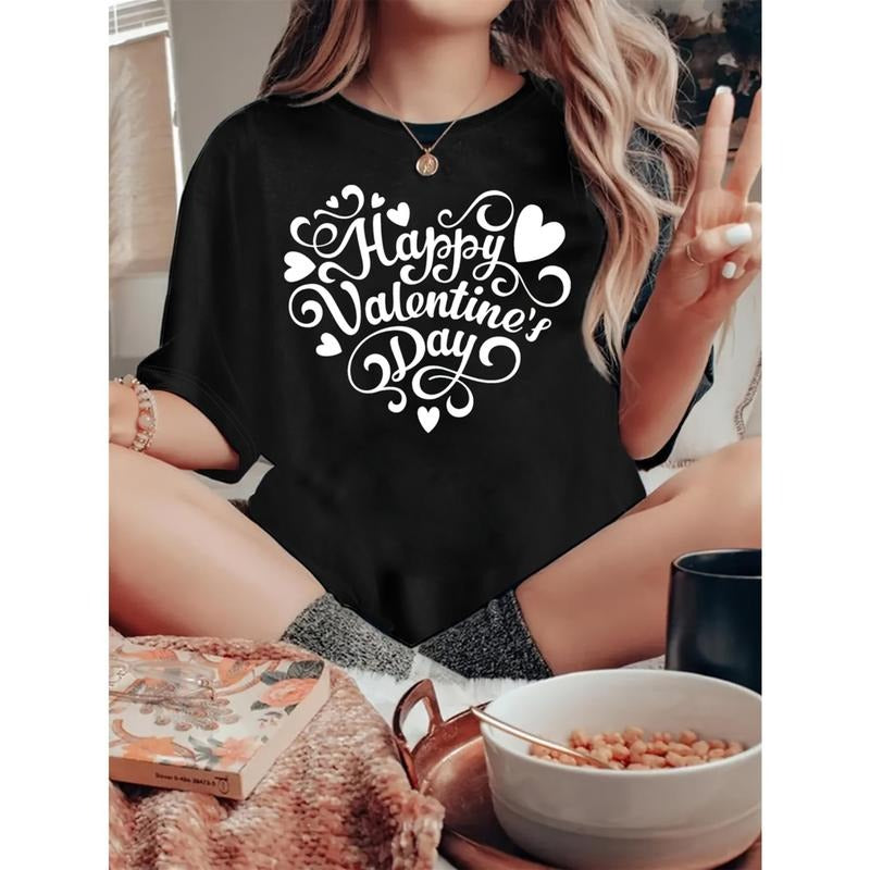 Women's T-shirt, "Happy Valentime's Day" print, retro minimalist fashion, round neck, casual comfort, sports short sleeve...