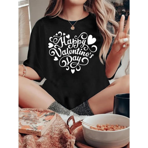 Women's T-shirt, "Happy Valentime's Day" print, retro minimalist fashion, round neck, casual comfort, sports short sleeve...