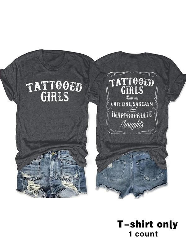 Women's Tattooed Girls Print Round Neck Tee, Vintage Trendy Casual Short Sleeve T-shirt for Daily Wear, Ladies Summer,...