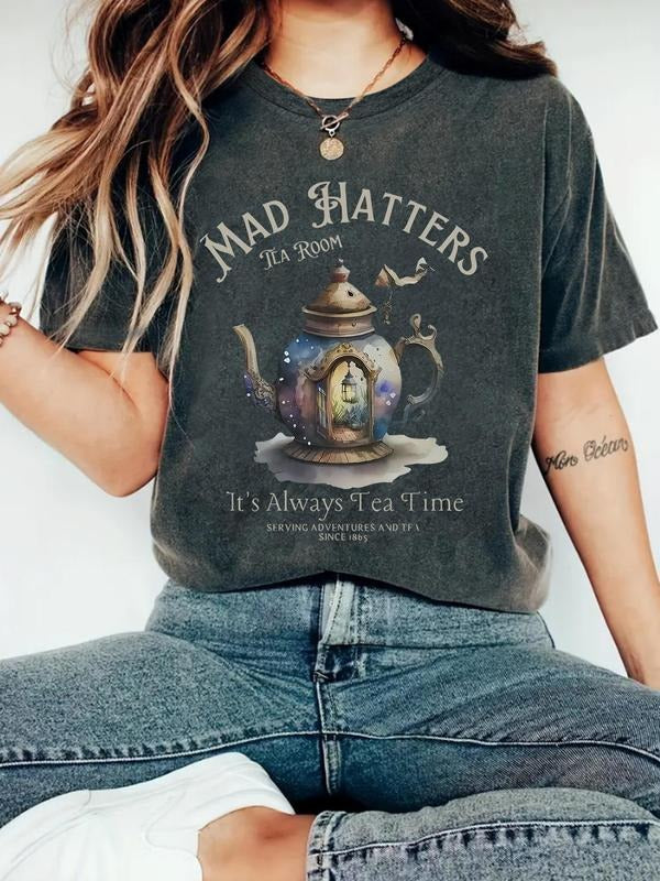 Women's Tea Pot & Letter Print Round Neck Tee, Vintage Trendy Casual Short Sleeve T-shirt for Daily Wear, Ladies Summer,...