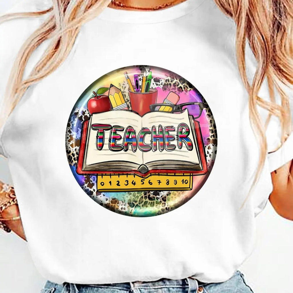 Women's Teacher & Book Print Round Neck Tee, Trendy Casual Short Sleeve T-shirt for Daily Wear, Ladies All Seasons Outfit...