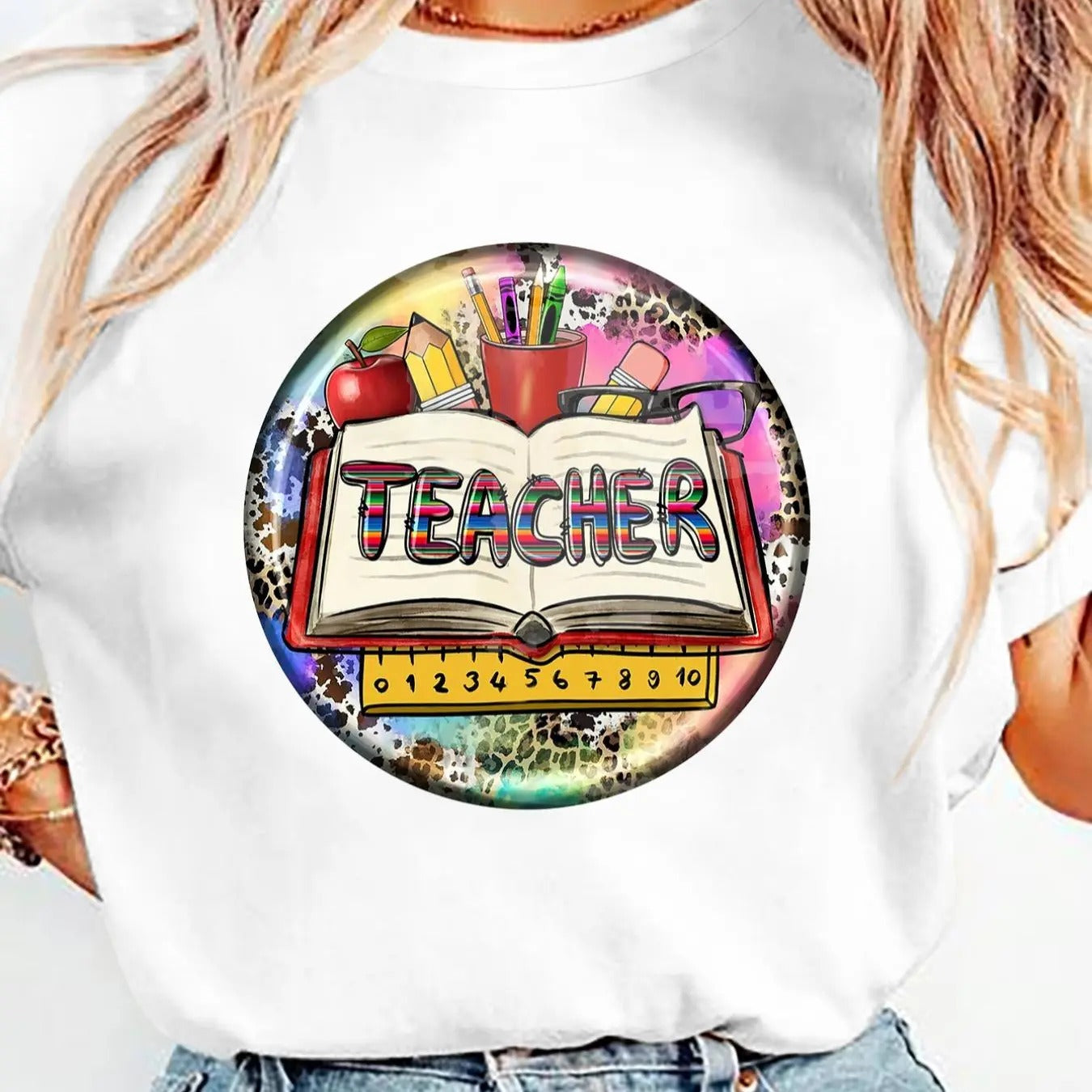 Women's Teacher & Book Print Round Neck Tee, Trendy Casual Short Sleeve T-shirt for Daily Wear, Ladies All Seasons Outfit...