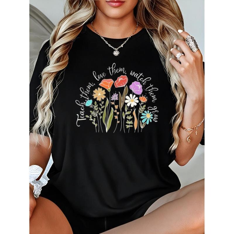 Women's Teacher T-Shirt School Life Teach Crew Neck Short Sleeve 100% Cotton Black Tops Womenswear Streetwear Tshirt...