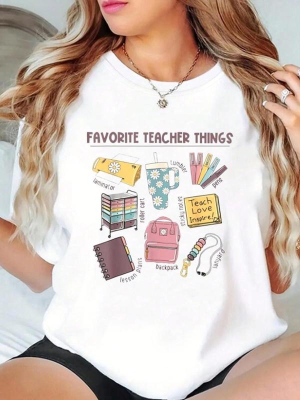 Women's Teacher Things Round Neck Graphic Tee, Fashion Casual Short Sleeve T-shirt for Daily Wear, Ladies Summer Clothes,...